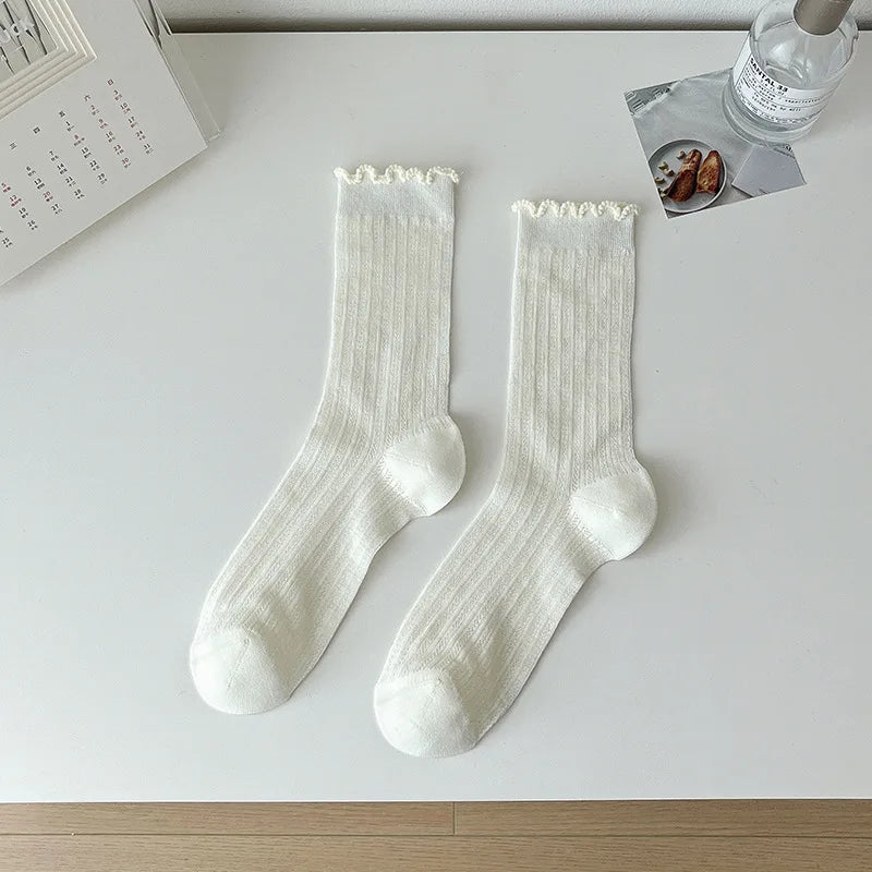 5/10 Pairs Women Solid Color Mesh Mid Tube Socks Summer Lightweight Breathable Fashionable Wavy Edge Ballet Style Casual Socks