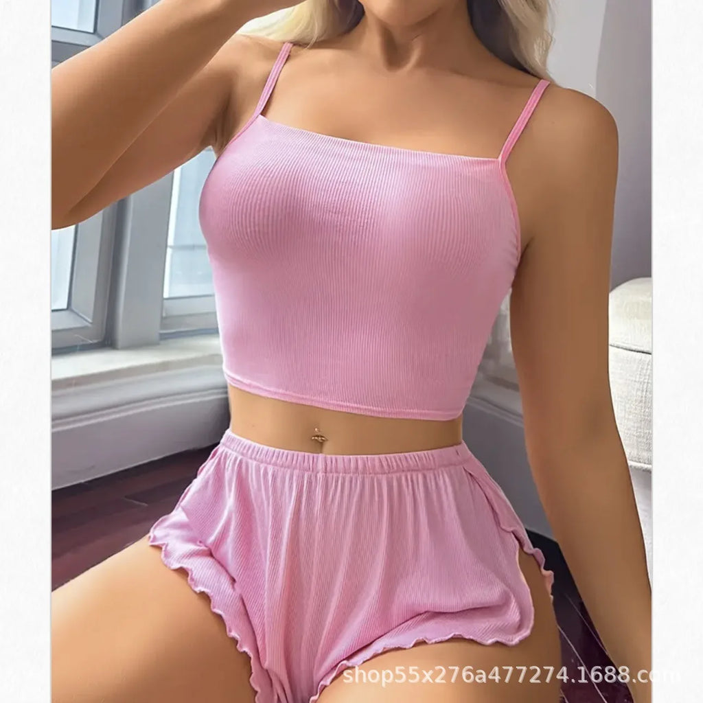 Ladies Pure Color Home Leisure Underwear Set Short Pants Top Thin Material Sleeveless Nightgown Comfortable Homewear Outfits