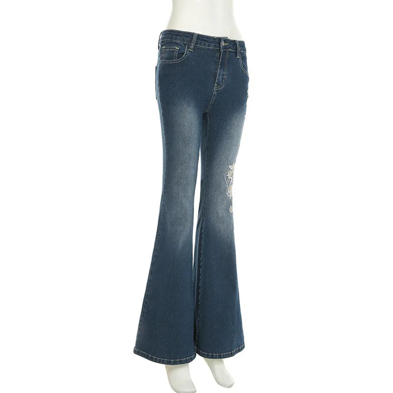 Retro Y2k Jeans Baggy Floral Embroidery Jeans Women Vintage 2000s Low Rise Flared Denim Pants High Street Basic Trousers