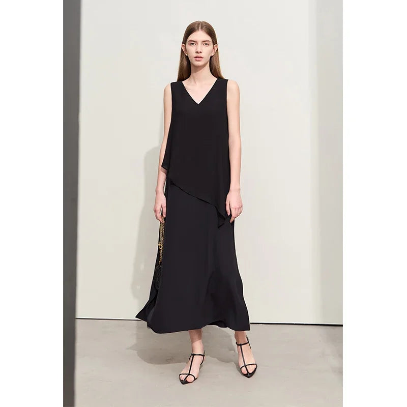 Amii Minimalism 2024 Women Dresses Summer New Vacation Style V-neck Spliced Chiffon Female Sleeveless Loose Dress 12452102