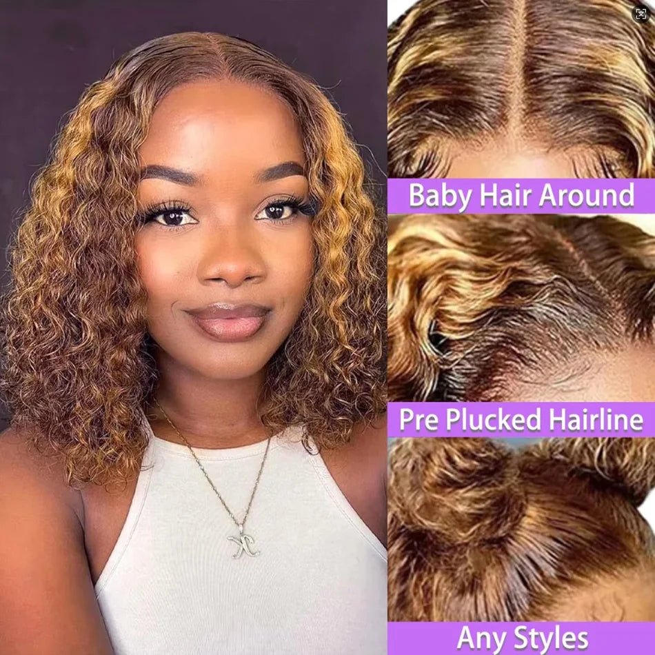 Bob Wig Human Hair Highlight 5X5 Hd Lace Closure Wig Curly Short 427 Honey Blonde Colored Glueless Deep Wave Wig For Black Women