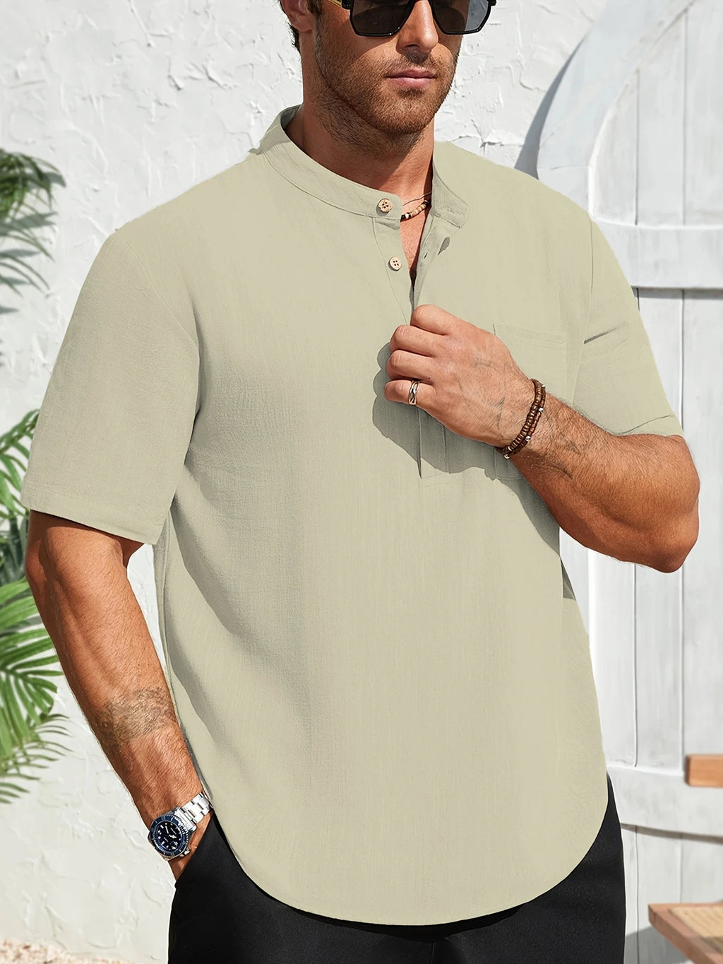 High Quality Men's Breathable Cotton Linen Short Sleeve Henley Shirt Casual Loose Fit Solid Color Tee with Chest Pocket
