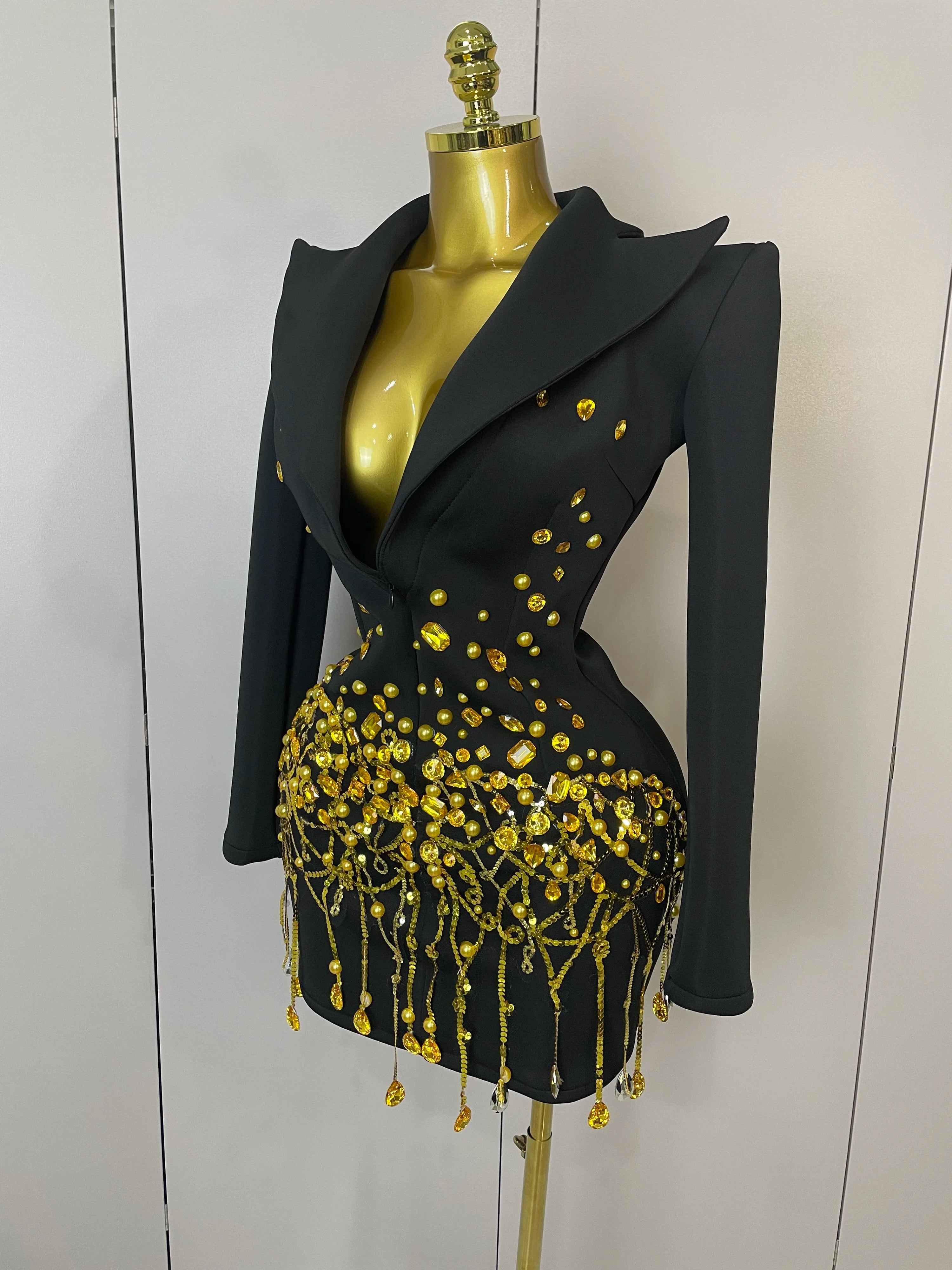 Sparkly Crystal Chains Pearls Long Sleeve Mini Dress 2025 Women Birthday Evening Party Nightclub Outfit Singer Wedding Costume