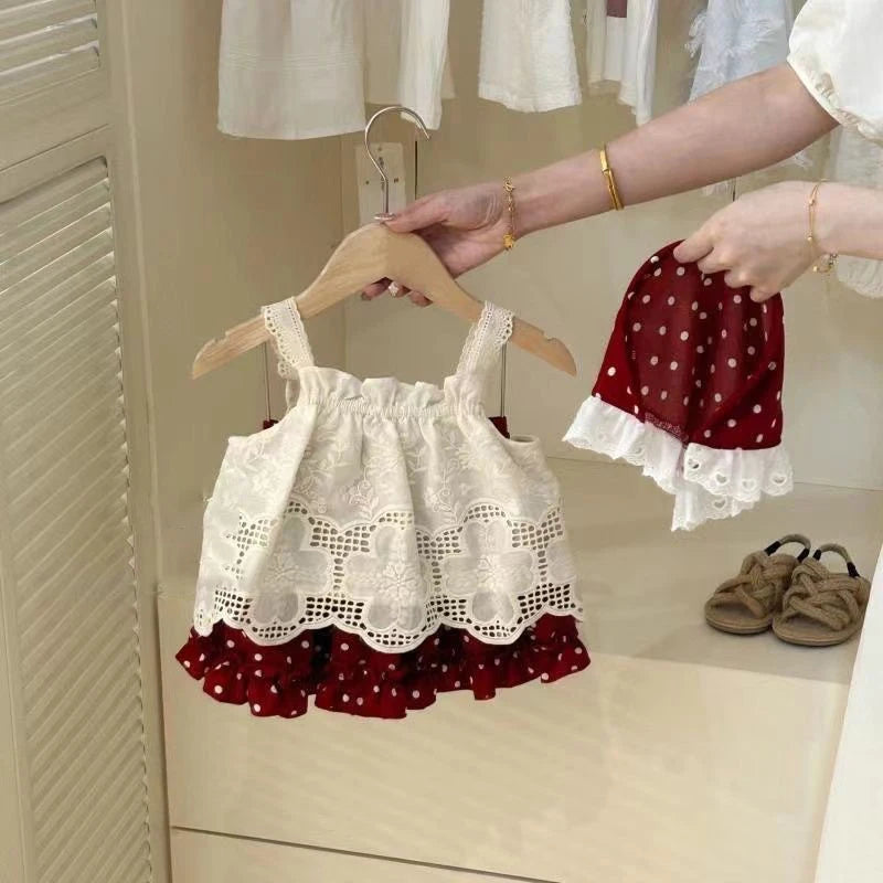 2026 New Strap Little Red Riding Hood Set Summer Cute Girl Hook Flower Western Style Tank Top Polka Pants Skirt Three Piece Set