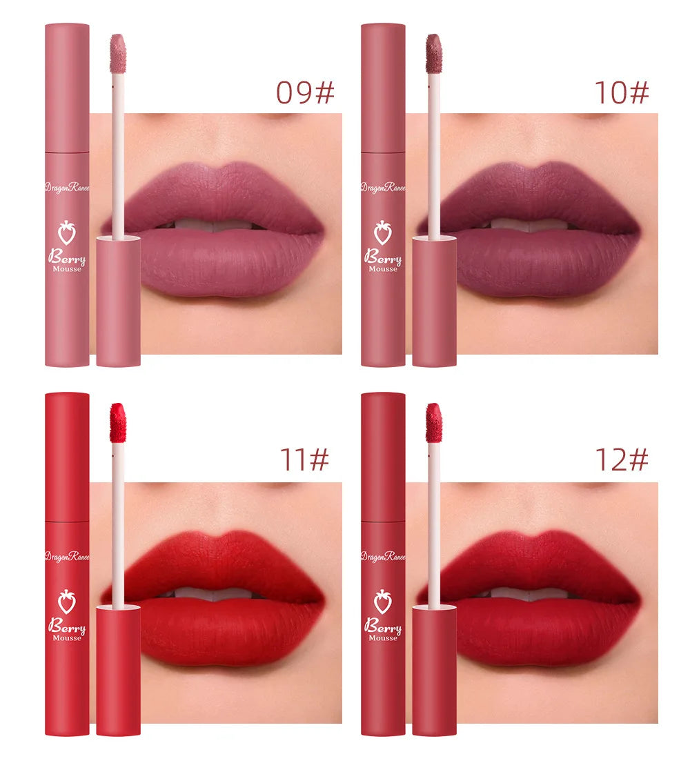 Dragon Ranee 12 Color Matte Lip Gloss Velvet Texture Waterproof Moisturize Lip Gloss Lasting Non-stick Cup Fashion Cosmetics 5ml
