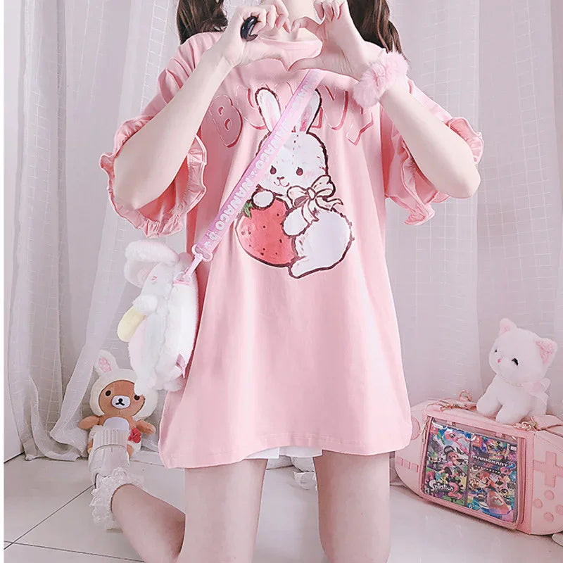 Summer Women Cute Lolita Pink T-Shirts Cartoon Strawberry Rabbit Print Tshirt Ruffles Short Sleeve Tops JK Girls Kawaii Tee Top