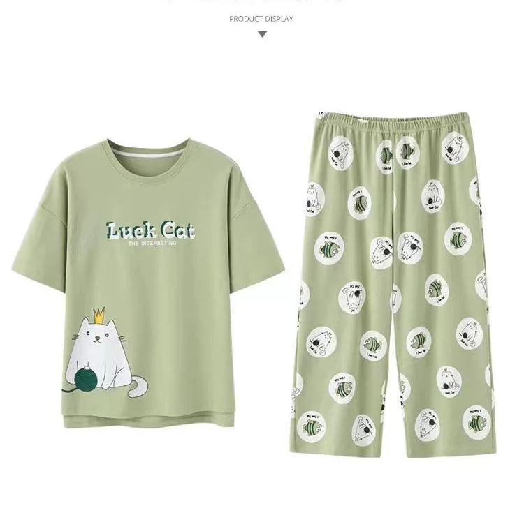 Women Pajamas Sets Plus Size Summer Silk Sleepwear Ladies Thin Short-Sleeved Seven Pants O-Neck Casual Cat Home Wear Night Wear
