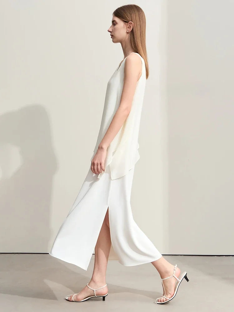 Amii Minimalism 2024 Women Dresses Summer New Vacation Style V-neck Spliced Chiffon Female Sleeveless Loose Dress 12452102