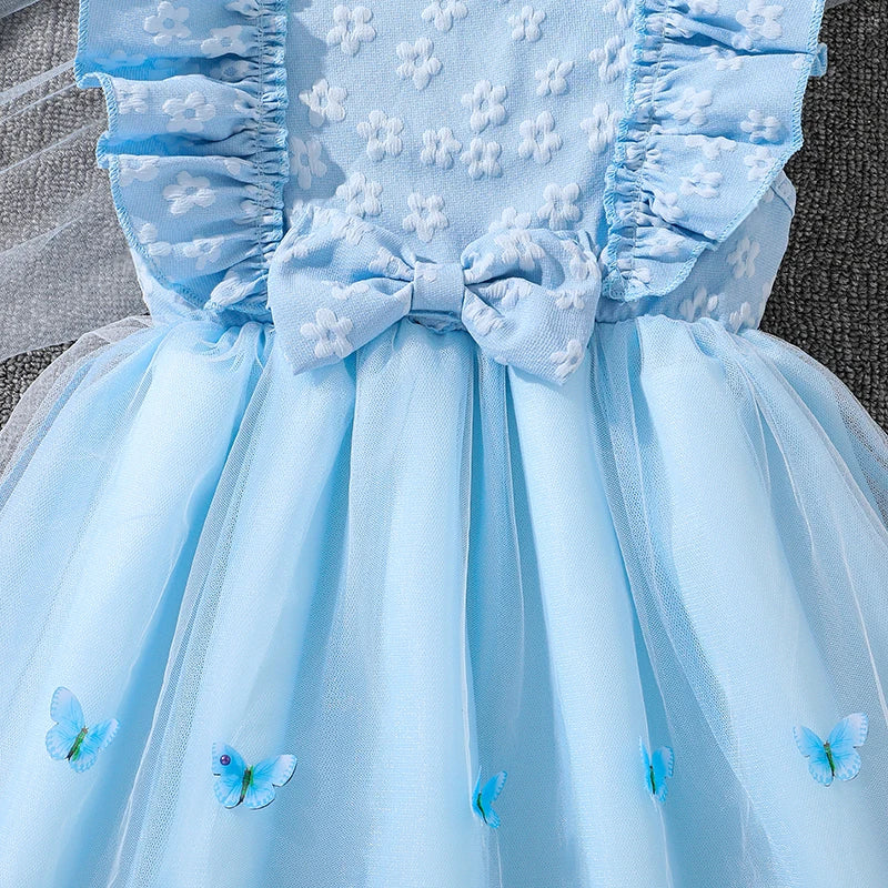 Kids Princess Dress For Girls O-Neck Wing-Sleeve Bowknot Floral Print Embroidery 4-7 Years Summer Sweet Birthday Party Clothing