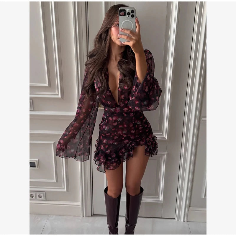 Elegant Flora Painted Ruffle Mini Dress Women Chic Full Sleeve Deep V-neck Slim A-line Dresses 2026 Lady Holiday Street Robe New