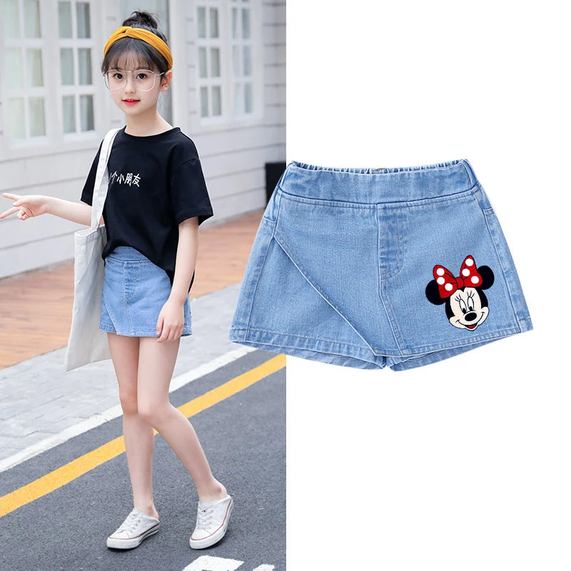 Kids Clothes Elastic Waist Fake Skirt Denim Shorts Jeans for Girls 3-12 Years -Minnie Kuromi Strawberry Bear Printed‌ Fake Skirt
