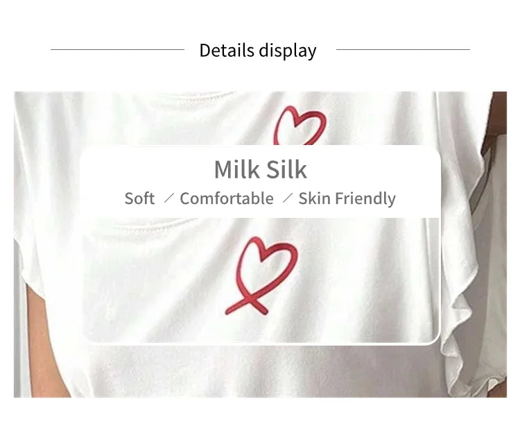 Heart & Letter Printed Womens Pajama Pj Set Soft Short Sleeve Tops & Elastic Waist Pants Pyjama Pijama Femme Casual Home Clothes
