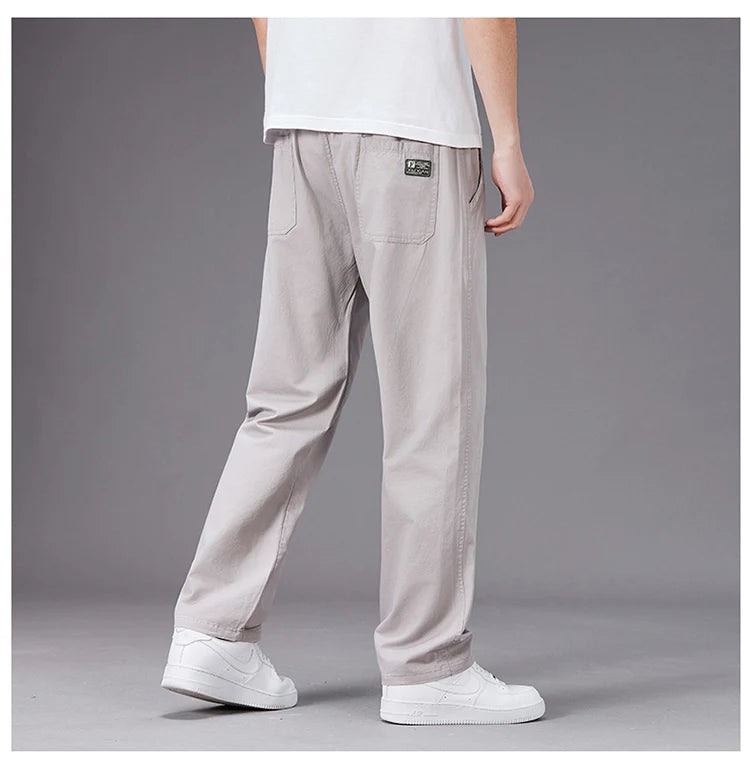 Big Size Casual Pants Men Elastic Waist Straight Leg Fit Summer Trousers Male Loose Cotton Work Wear Plus Large 6XL Khaki Light