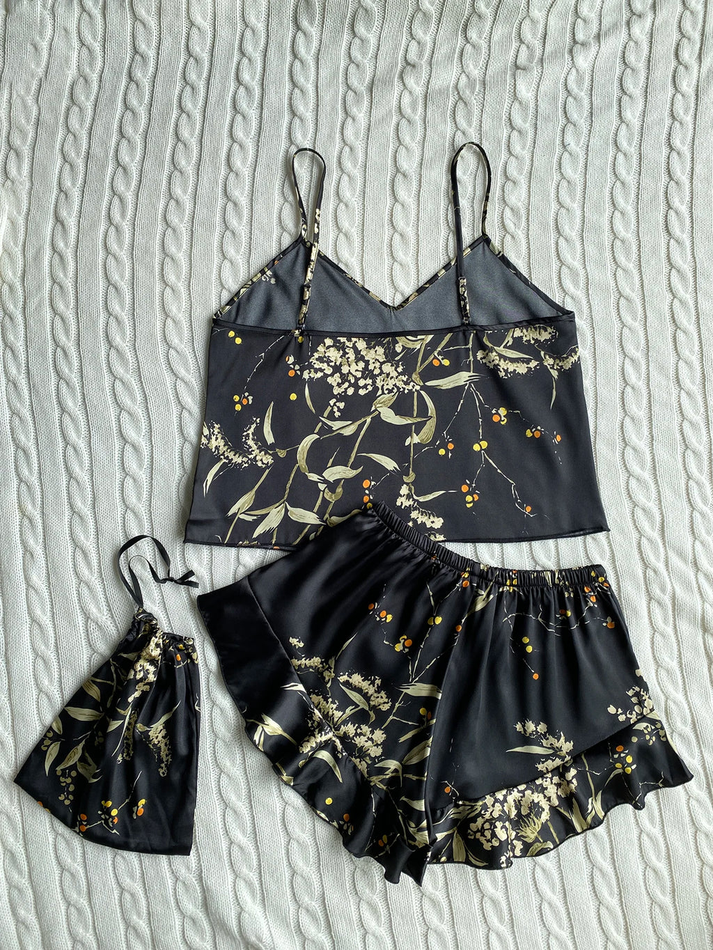 Elegant Floral Print Cami Tops Ruffle Hem Shorts Pajama Set  Women's Sleepwear Loungewear