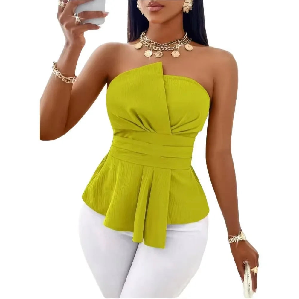 Elegant Peplum Strapless Top, Belted Wrap Waist Blouse for Vacation & Commute