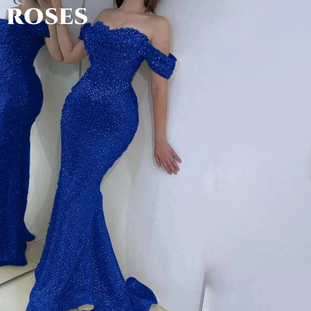 ROSES Pearl Gorgeous Prom Dress Sweetheart Off the Shoulder Hollow Prom Gown with Fishbone Shiny Sequins Formal Gown Customized
