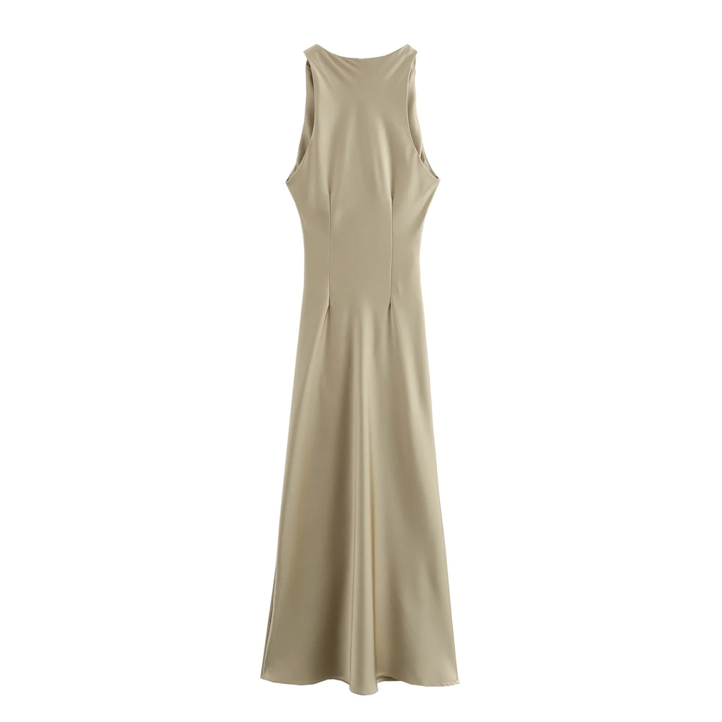 XNWMNZ 2024 Women's Fashion Satin Midi Dress Women High Street O Neck twisted armholes Waist Gathered Fit female Midi Dresses