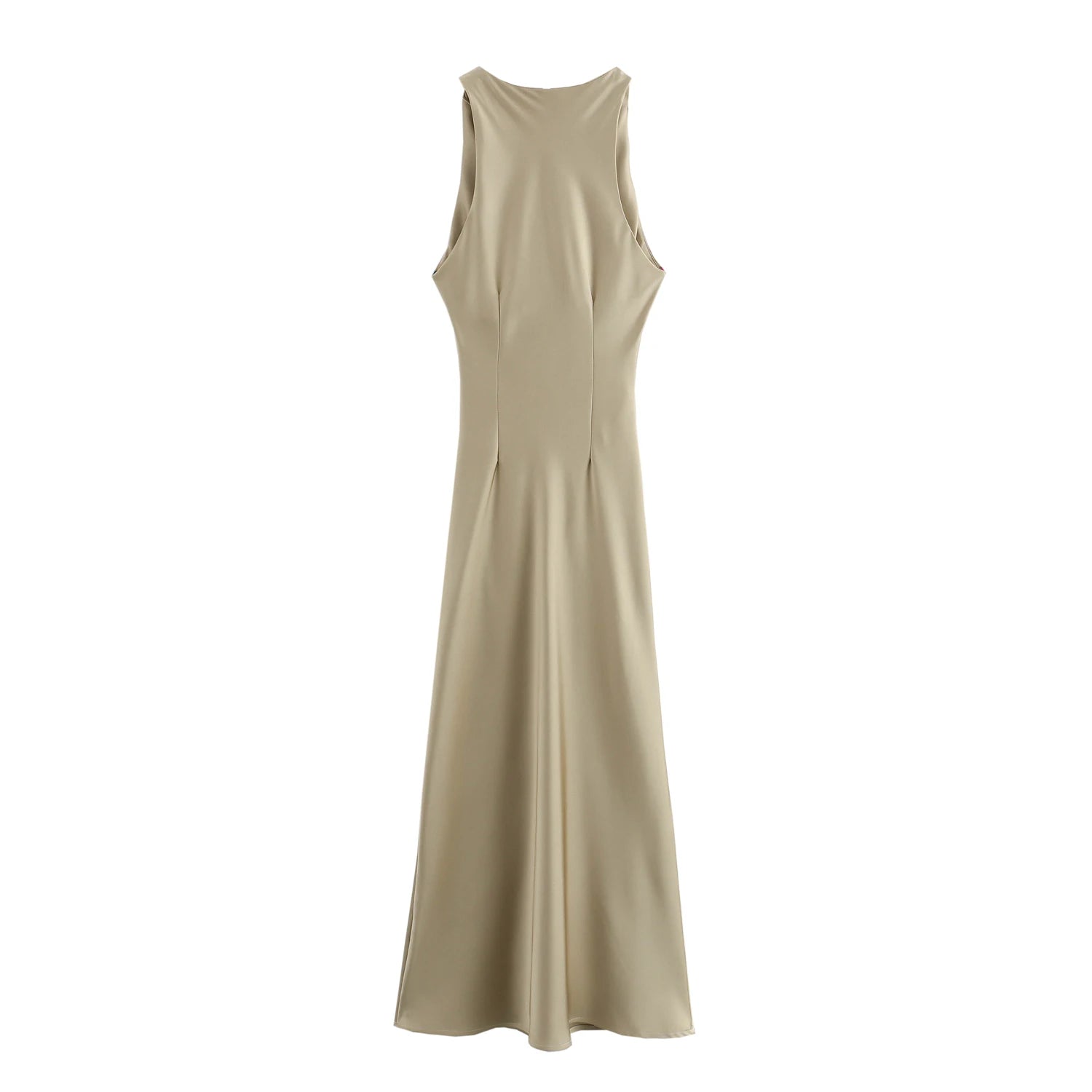 XNWMNZ 2024 Women's Fashion Satin Midi Dress Women High Street O Neck twisted armholes Waist Gathered Fit female Midi Dresses
