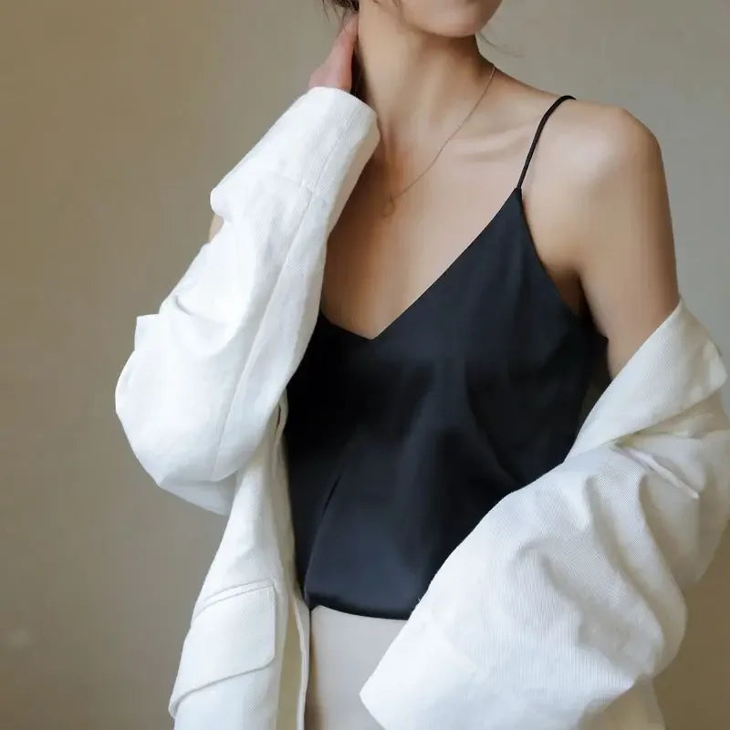 Women Halter V Neck Basic White Cami Spaghetti Strap Top Sleeveless Satin Silk 2026 Tank Tops Women'S Summer Camisole