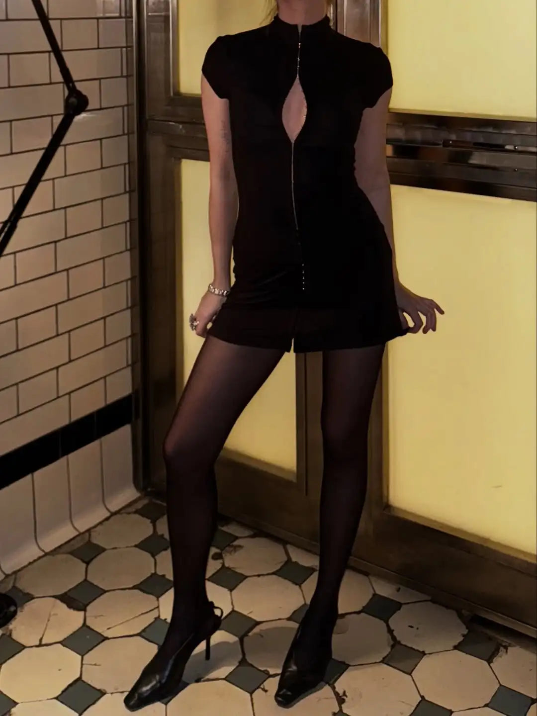 Kpop Black Hollow Out Mini Dress Women Elegant Turtleneck Short Sleeve High Waist Slim Dresses Lady Evening Club Fashion Robes