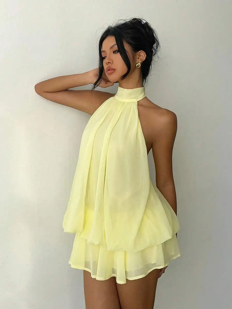 Women's Elegant Butter Yellow Chiffon Halter Tie Mini Dress Fashionable Summer Dress for Women