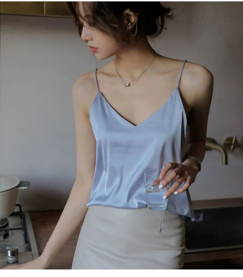 Women Halter V Neck Basic White Cami Spaghetti Strap Top Sleeveless Satin Silk 2026 Tank Tops Women'S Summer Camisole