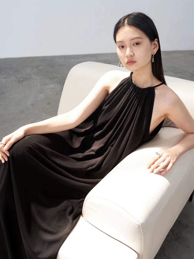 CHIC VEN Women Halter Dress A Line Solid Loose Casual Lace Up Black Sleeveless Holiday Female Long Dress Pullover Summer 2026