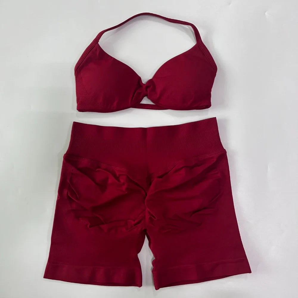NO LOGO 2PCS Gym Set Women Strappy Yoga Bra Top High Waist Workout Scrunch Shorts Sports Suit Seamless Yoga Set Fitness Clothes