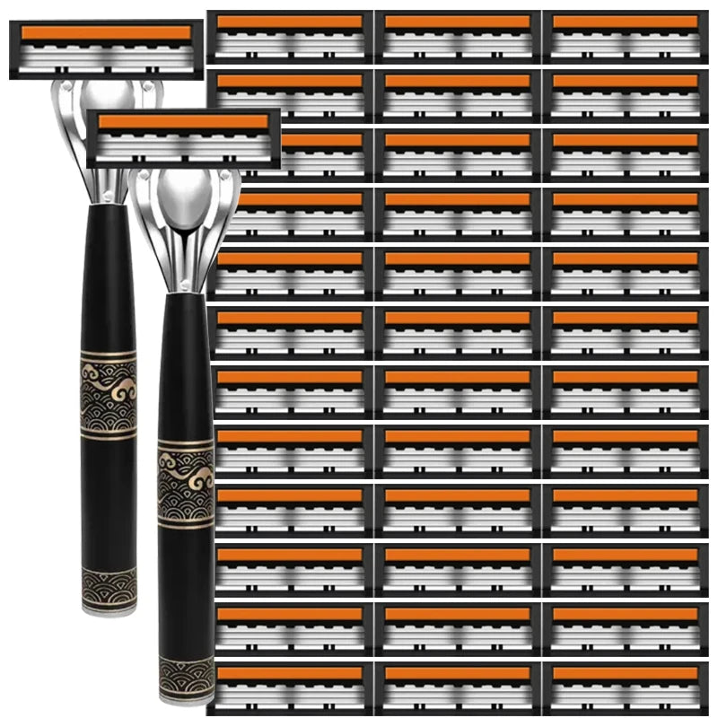 Men's 3-Blade Manual Razor with Non-Slip Handle and Multiple Replacement Blades - Ideal for Trimming Beards and Mustaches