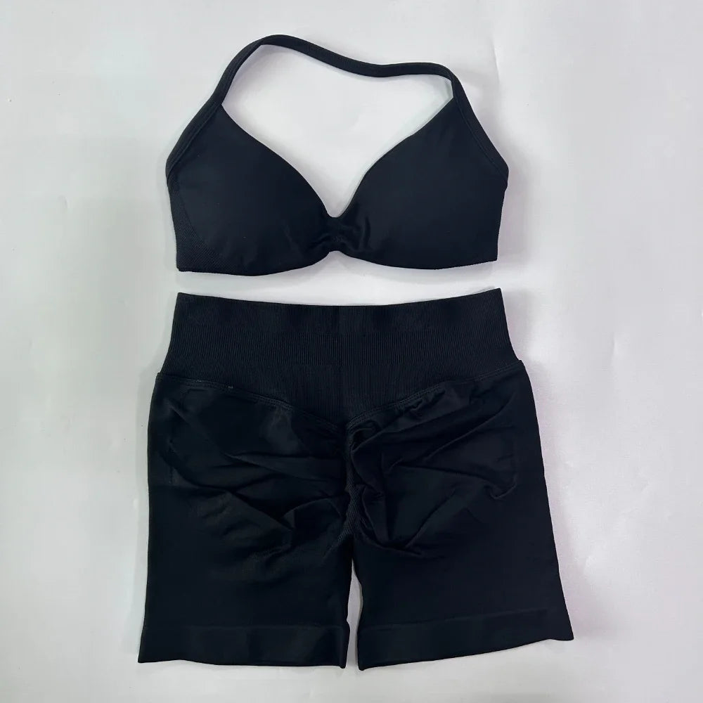 NO LOGO 2PCS Gym Set Women Strappy Yoga Bra Top High Waist Workout Scrunch Shorts Sports Suit Seamless Yoga Set Fitness Clothes