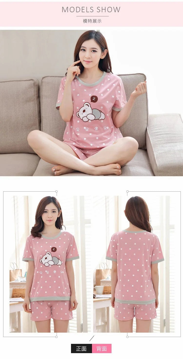 Women Thin Cute Sleepwear 2PCS Shirt Shorts Pajamas Set Nightwear Cartoon Intimate Lingerie Pyjamas Female Homewear Gift Tops