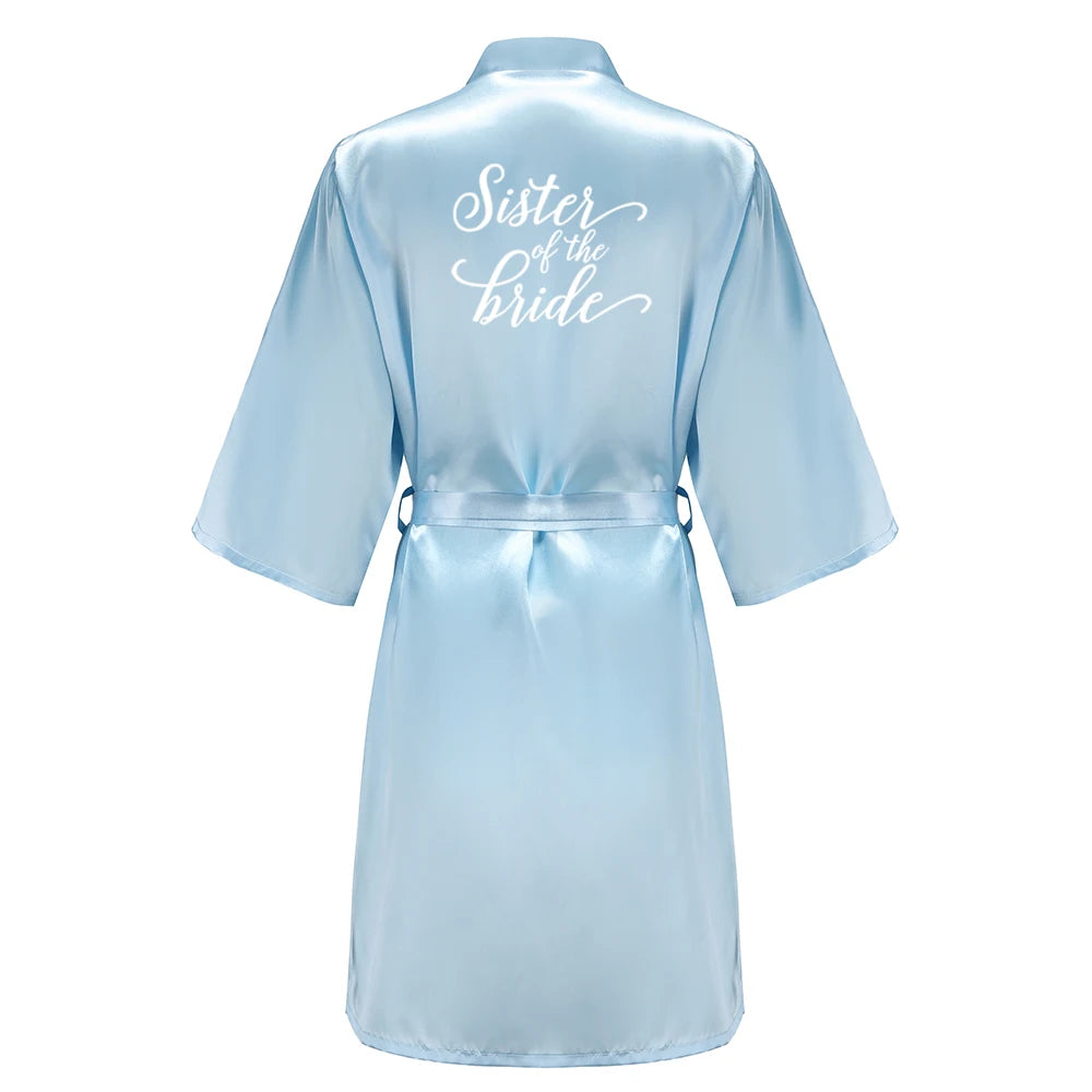 Light Blue Women's Satin Robe Short Kimono for Bride & Bridesmaid With White Letter, Wedding Party Robes