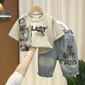 Korean Baby Boys Summer Sets Children's Clothing Short-Sleeved Letter T-Shirt & Denim Shorts Kids Boys Outfits Clothes 2-11Y