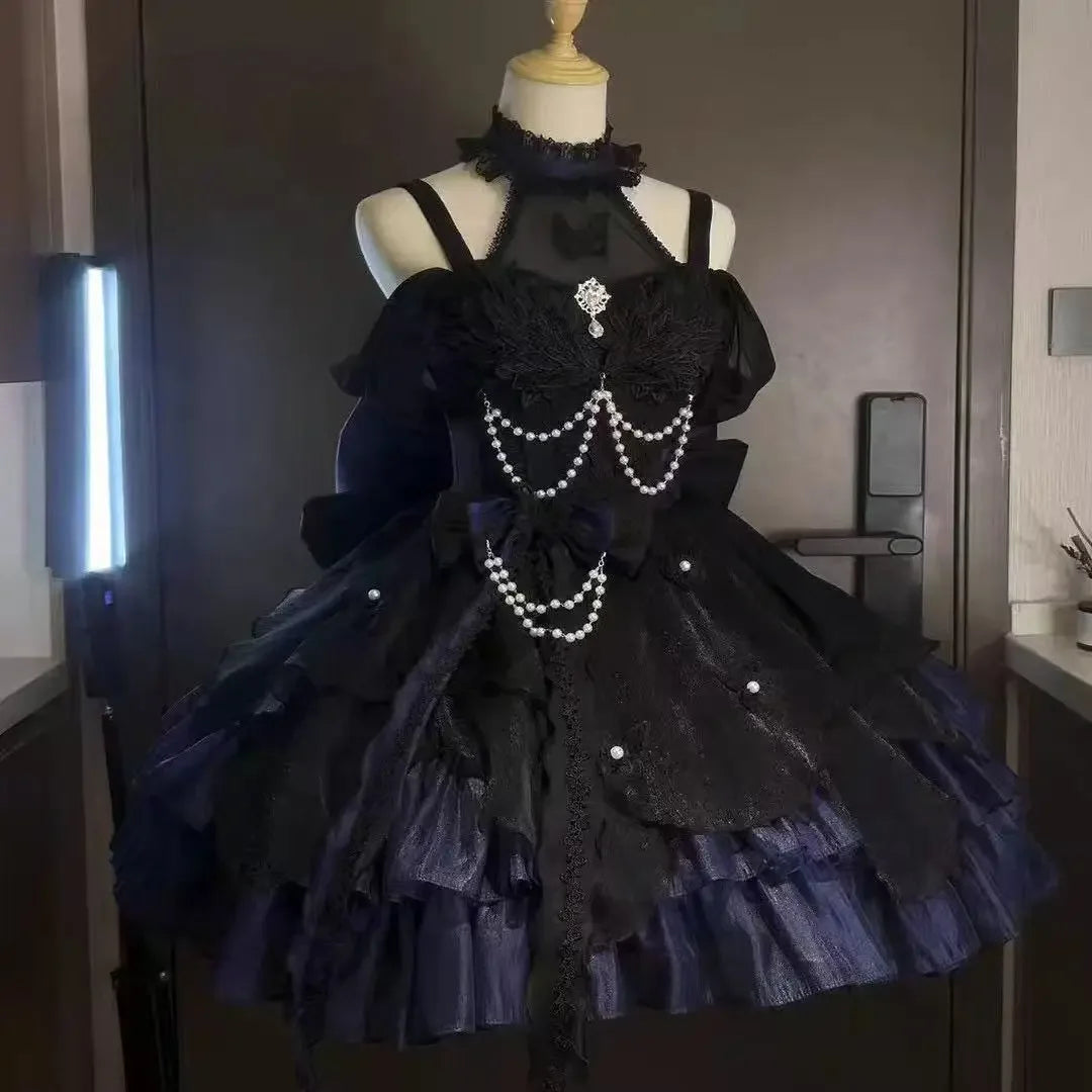 Gothic Red Lolita JSK Dress Women Spaghetti Strap Ruffle Tulle Skirt Chain Bow Decor High Low Hem Vintage Princess Party Dress