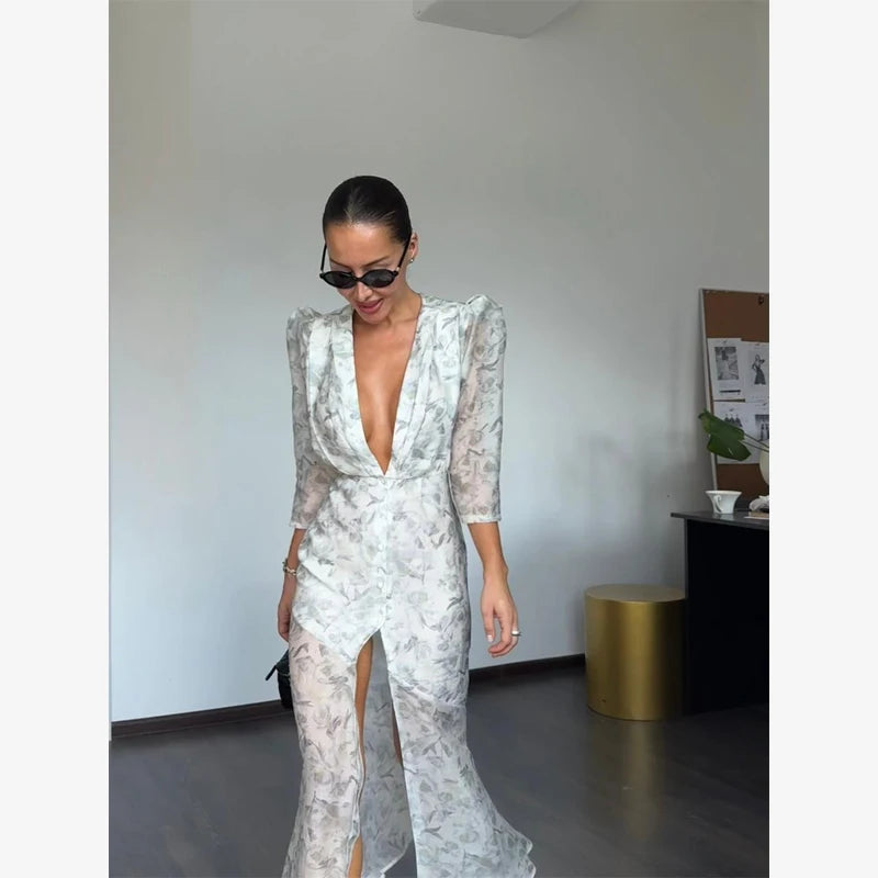 Fashion Organza Floral Printed Maxi Dress V-Neck Puff Sleeve 2026 Spring/Summer Romantic Women Party Gown Elegant Lady Vestido