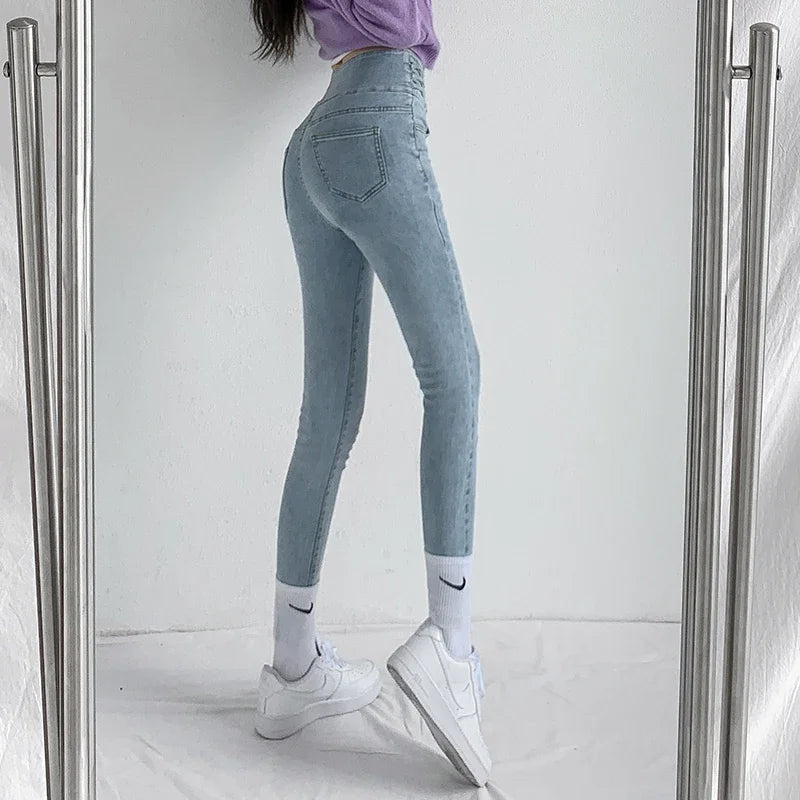 Skinny Pencil Y2K Jeans Four Buttons Vintage High Waist Women Slim Stretch Denim Pants Tight Trousers 2025 Women's Denim Pants