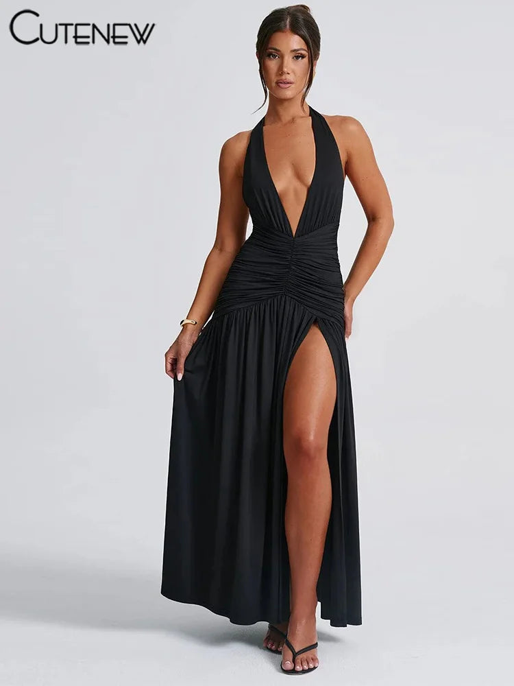 Nibber Elegant Women Long Dresses Solid Hipster Halter V-neck Backless Shirring Side Split Vestidos Female High Street New Robe