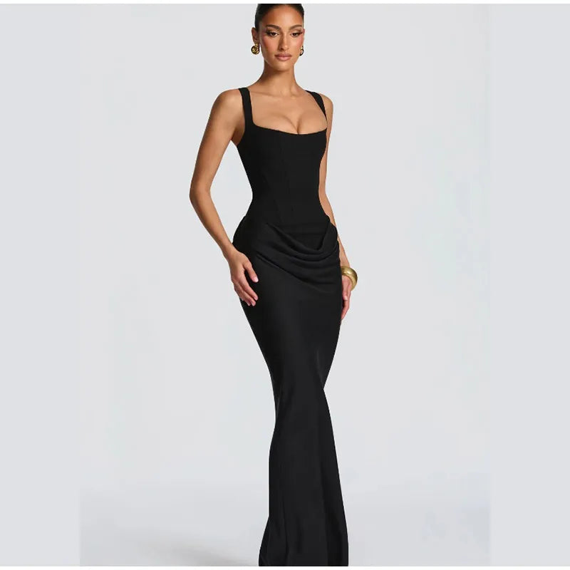 Women's Red Pleated Sling Maxi Dress Square Neck Sleeveless Off-shoulder Waist Cinching Slim Dresses Fashion Evening Party Gowns