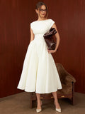 Suninheart Women Circle Cut Out Back Dress Wide Shoulders and Fitted Waist Prom Dress Fluffy Hem Midi Wedding Party Dresses