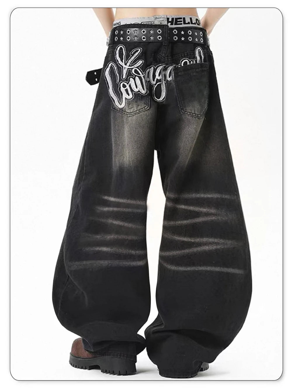 Men's American Retro Black Baggy Machete Wide Leg Jeans Four Seasons Personalized Embroidery Design Unisex Denim Pants Clothes