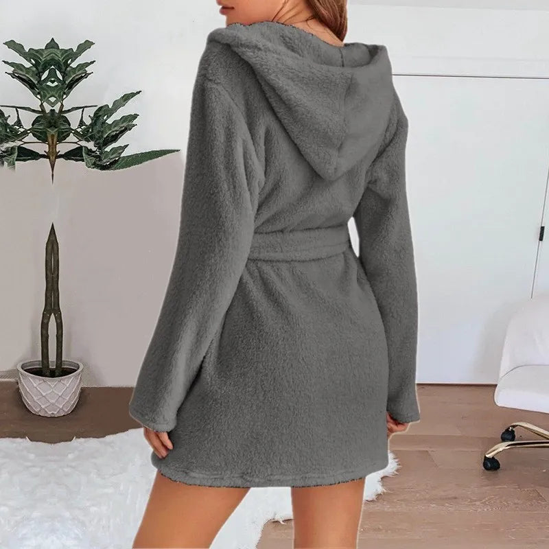 Winter Women Bath Robe Fluffy Plush Pyjamas Ladies Sexy Hooded Dressing Solid Color Gown Warm Bathrobe Female loungewear