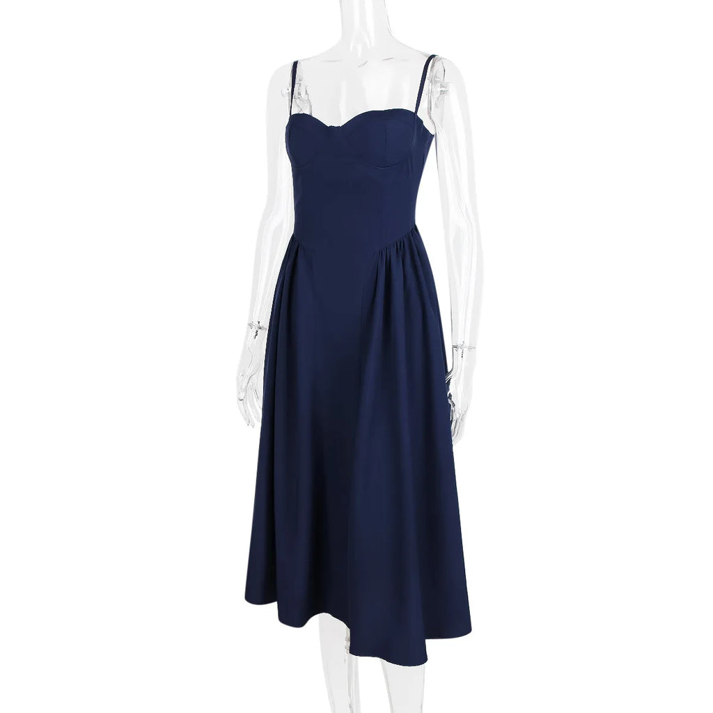 Summer Women Elegant Sleeveless Backless Pleated Dresses Lady Sexy Solid Sling Midi Dress 2024 Female Party Evening A-line Robes