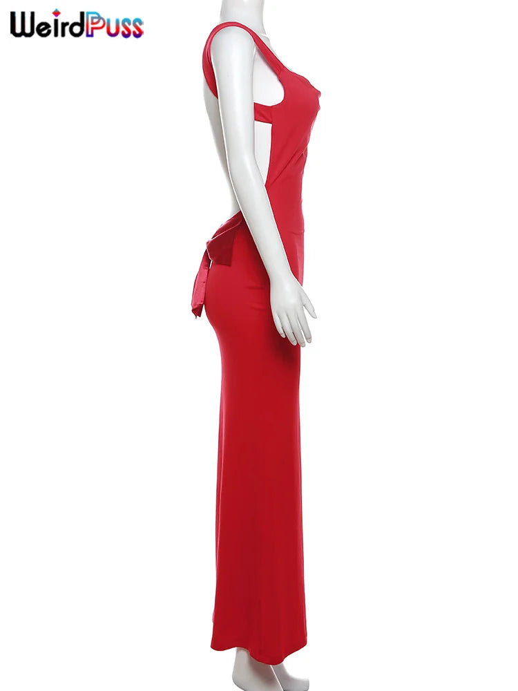 Weird Puss Bow Lace Up  Women Maxi Dress Sleeveless Sexy Backless Slim Bodycon Festival Evening Party Elegant Mermaid Long Robe