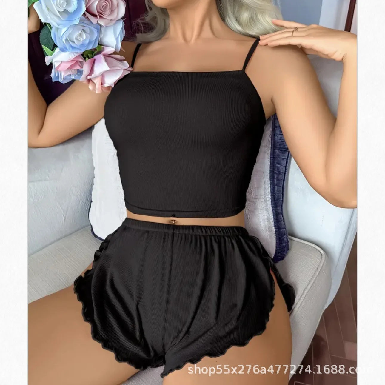 Ladies Pure Color Home Leisure Underwear Set Short Pants Top Thin Material Sleeveless Nightgown Comfortable Homewear Outfits
