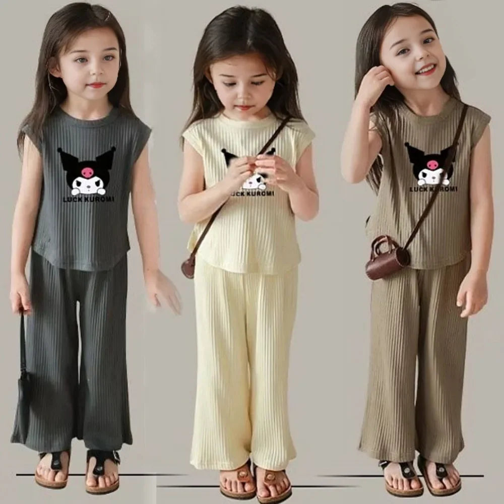 2026 Summer Kuromi Anime Kawaii Baby Ice Silk Sleeveless Vest Top Pants Two Sets Cute Cartoon Children Clothes Gifts for Kids