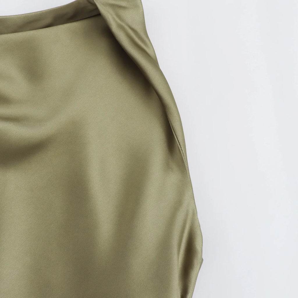 XNWMNZ 2024 Women's Fashion Satin Midi Dress Women High Street O Neck twisted armholes Waist Gathered Fit female Midi Dresses