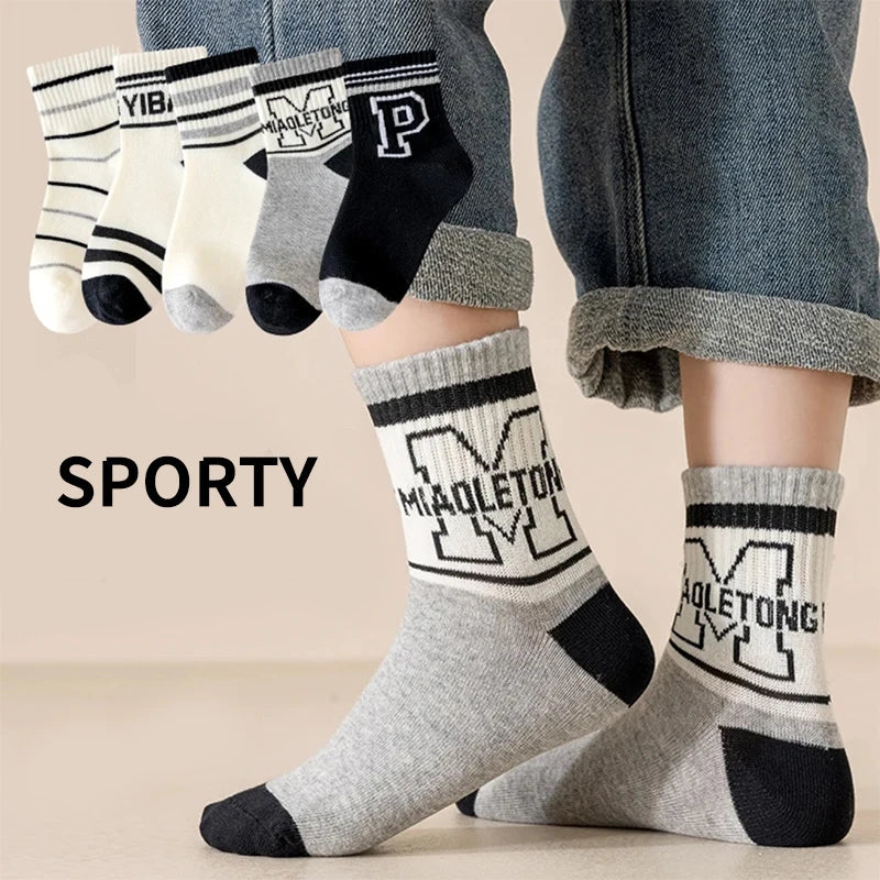 5 Pairs Letter Children Boys Sports Socks High Quility Cotton Combed Comfortable Soft Sweat Absorbing Elastic Mid-calf Kids Sock