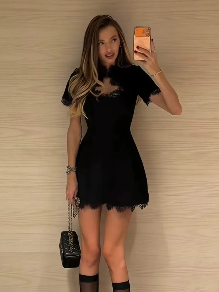 Tossy Black Lace Hollow Out Mini Dress Female Patchwork Short Sleeve Sexy High Waist Party Dress Women's Casual Printed Dress