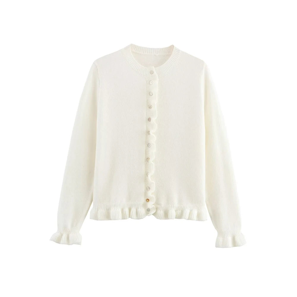 Women's Ruffled Knit Cardigan Sweater O-Neck Long Sleeve Chic Top with Front Buttons Fashion Outerwear