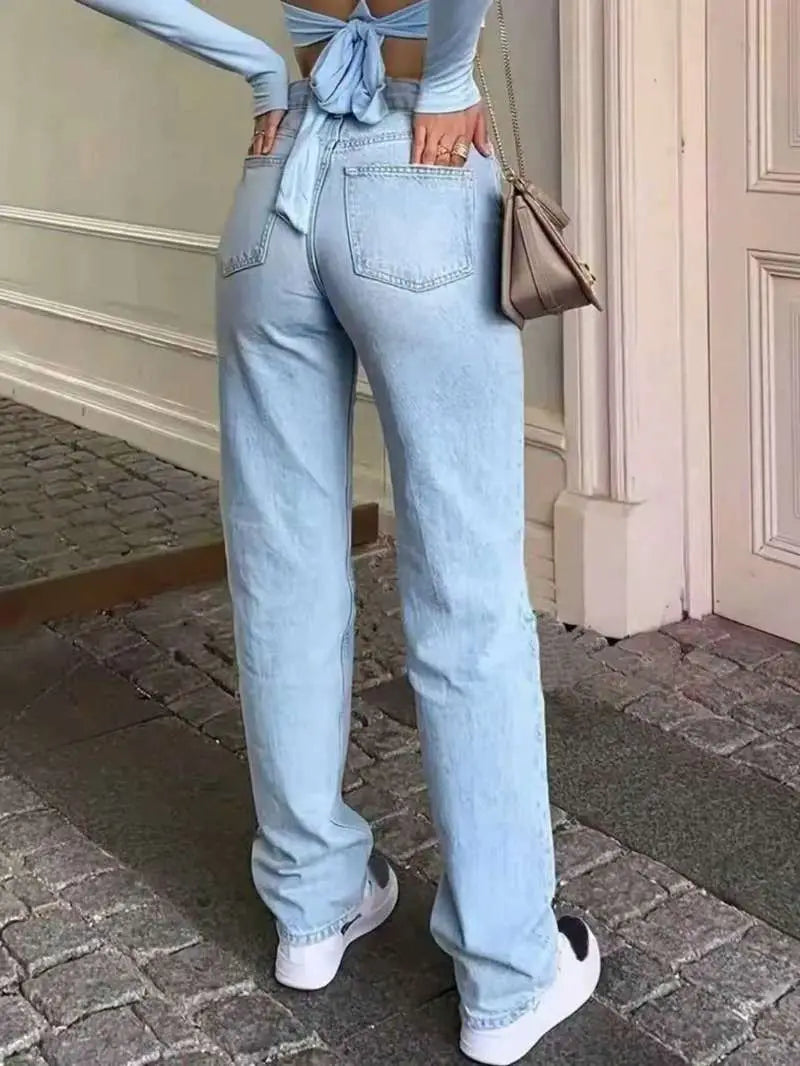 Women's High Waisted Baggy Jeans Denim Pants Y2K Aesthetic Vintage Design Loose Fit Comfortable Female Daily Casual Clothing